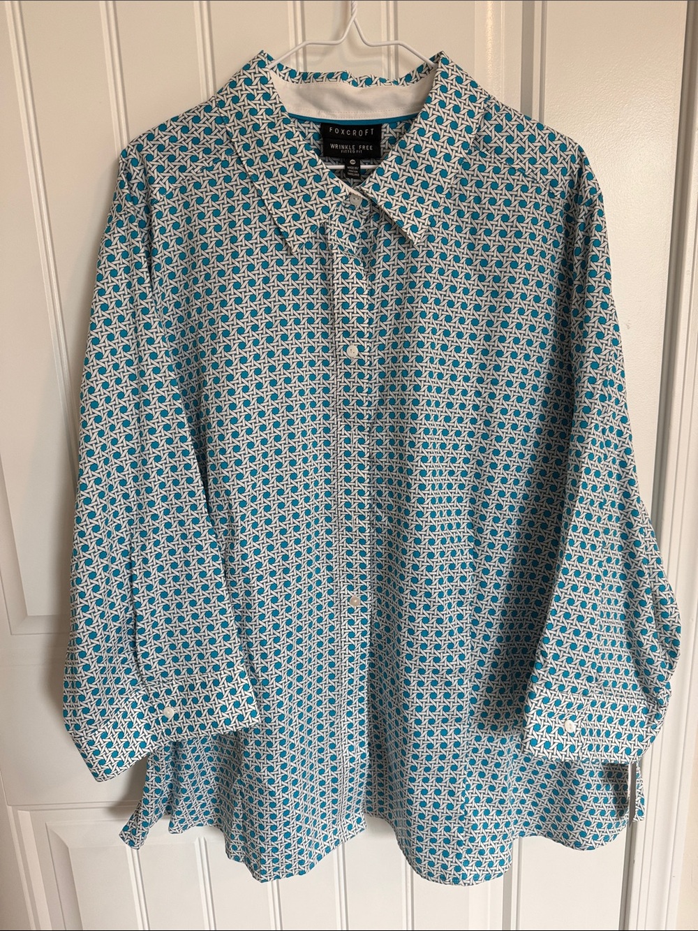 Foxcroft Teal and White Patterned Button-Down Shirt